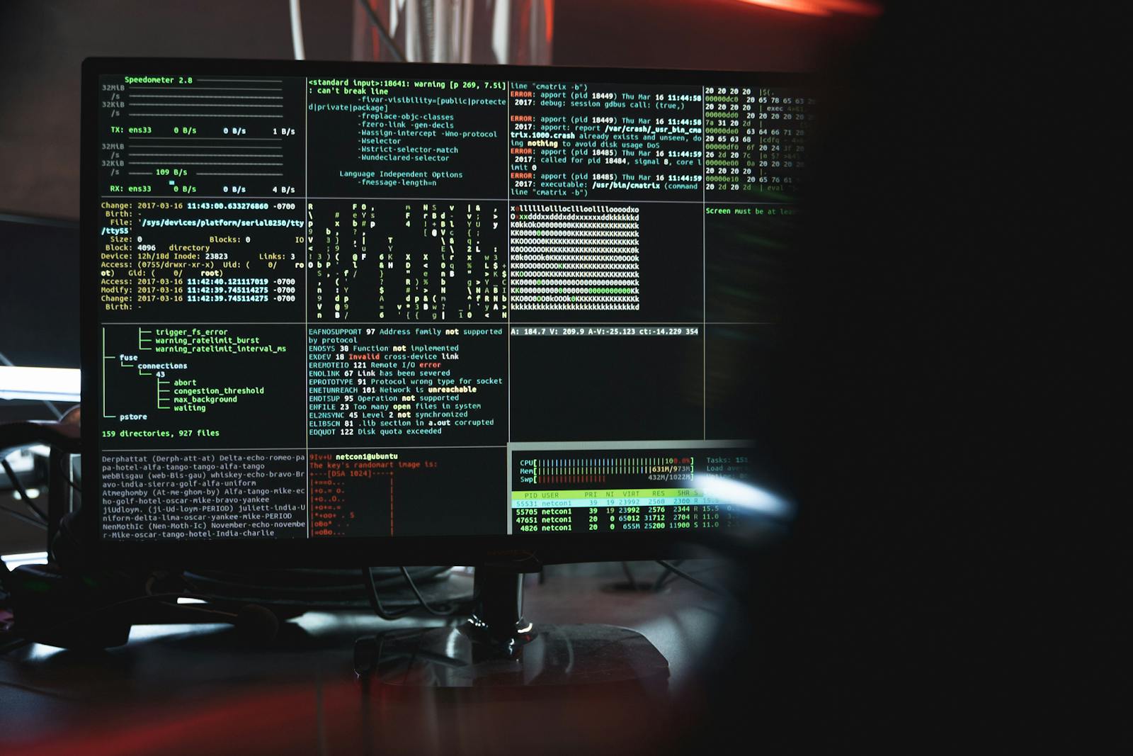 Security analyst reviewing system logs and audit findings on a multi-pane terminal